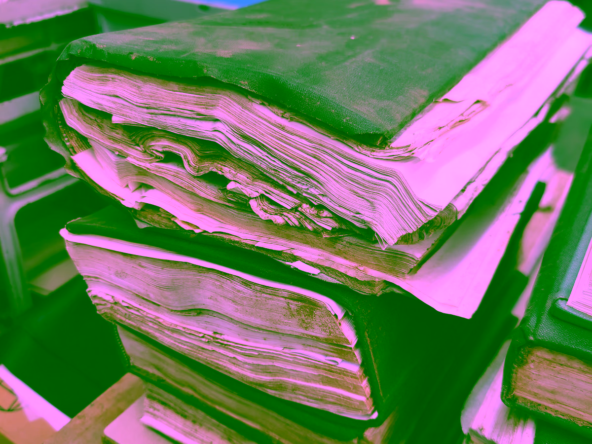 Restaurierung von Gemeindeprotokollen. Wasserschaden an Papier und Einband.